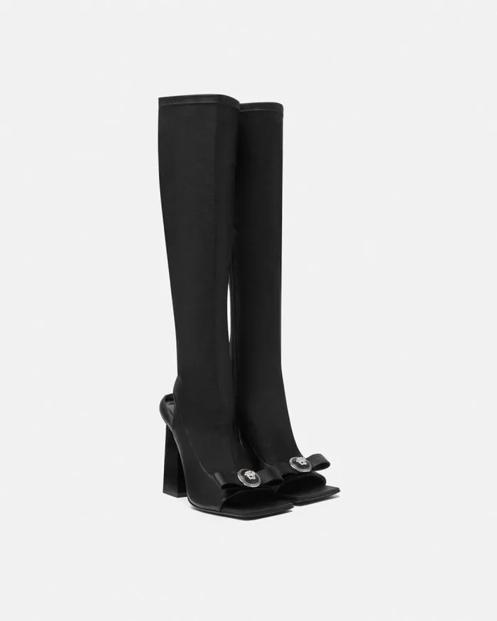 Gianni Ribbon Open KneeHigh Boots 105 Mm Blacksilver Women Versace Boots