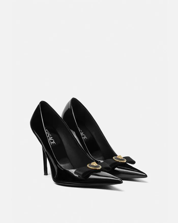 Gianni Ribbon Patent Pumps 110 Mm Blackgold Women Versace Pumps and Slingbacks