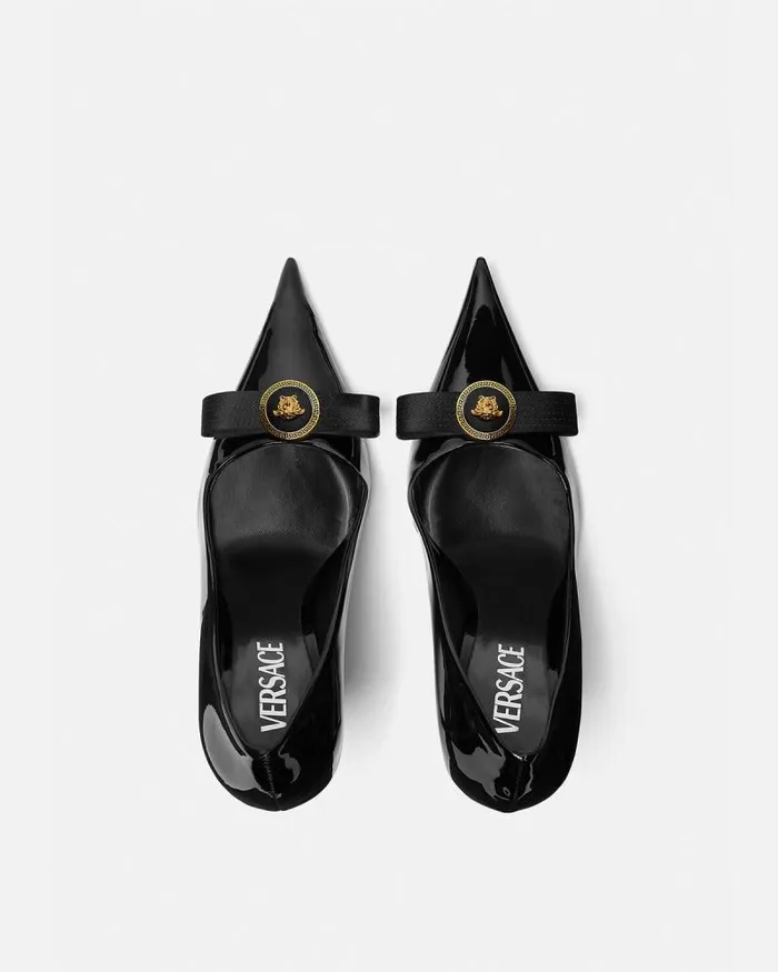 Gianni Ribbon Patent Pumps 110 Mm Blackgold Women Versace Pumps and Slingbacks