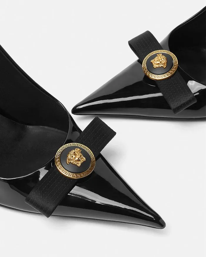 Gianni Ribbon Patent Pumps 110 Mm Blackgold Women Versace Pumps and Slingbacks