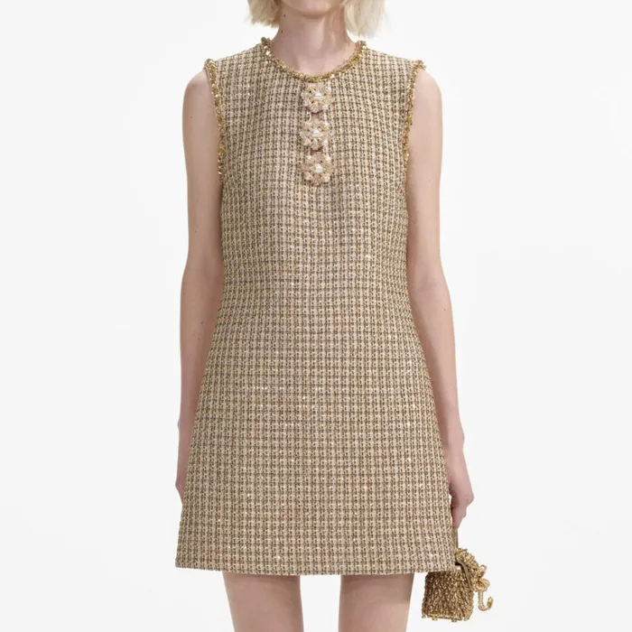 Gold Boucle Embellished Mini Dress Women Self Portrait Dresses Gold Boucle Embellished Mini Dress Women Self Portrait Dresses