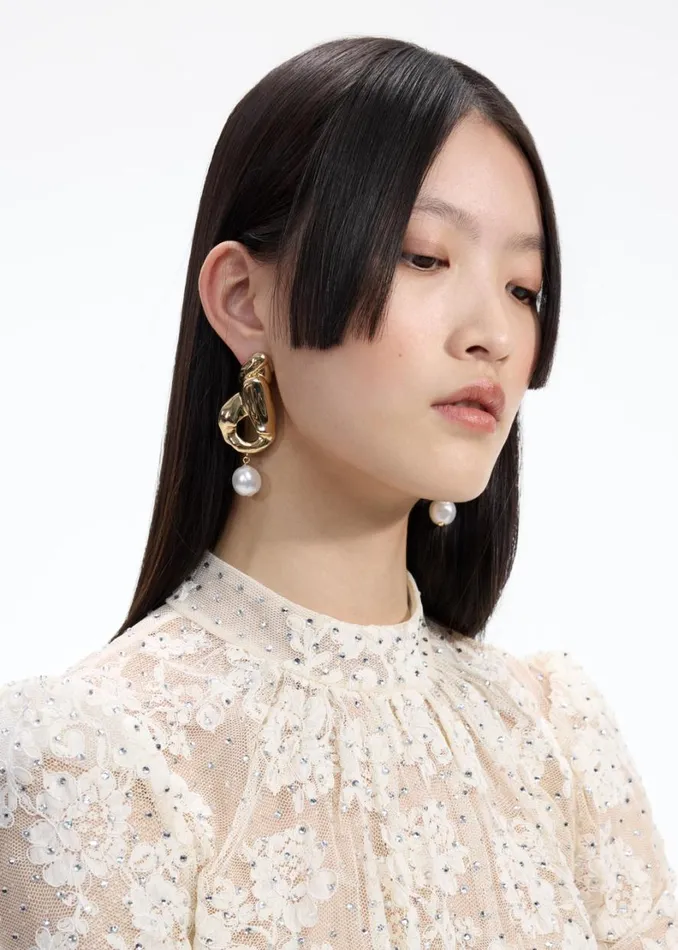 Gold Faux Pearl Drop Earrings Women Self Portrait Jewellery