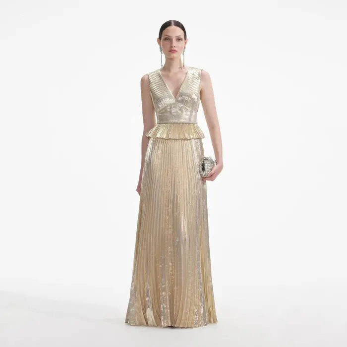 Gold Metallic VNeck Maxi Dress Women Self Portrait Dresses