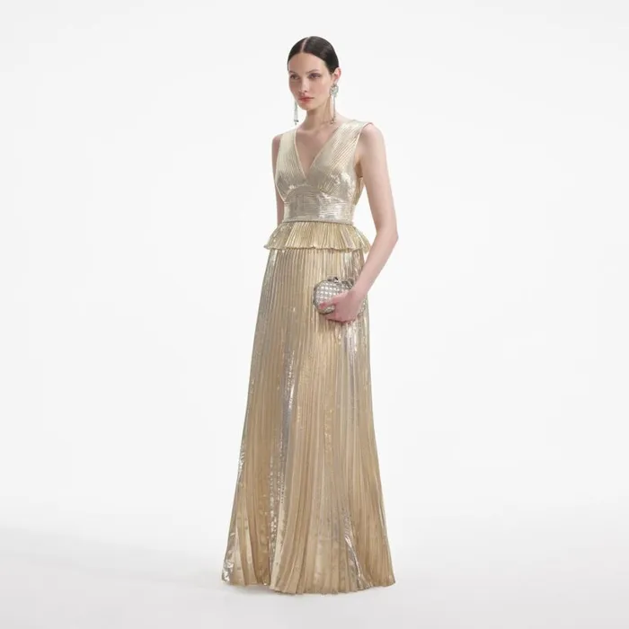 Gold Metallic VNeck Maxi Dress Women Self Portrait Dresses Gold Metallic VNeck Maxi Dress Women Self Portrait Dresses