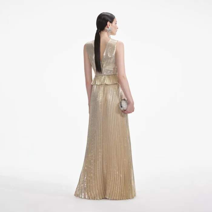 Gold Metallic VNeck Maxi Dress Women Self Portrait Dresses Gold Metallic VNeck Maxi Dress Women Self Portrait Dresses