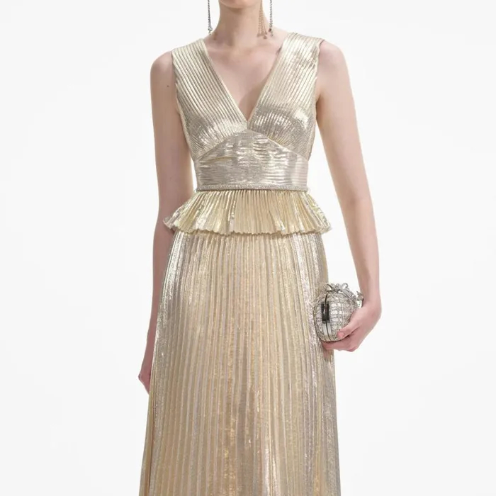 Gold Metallic VNeck Maxi Dress Women Self Portrait Dresses Gold Metallic VNeck Maxi Dress Women Self Portrait Dresses