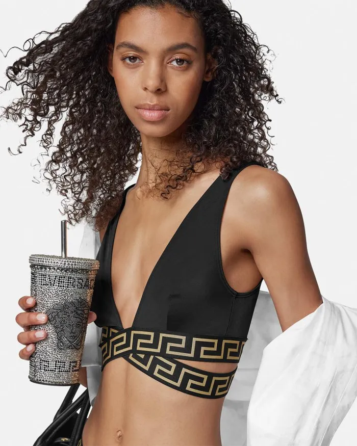Greca Border Triangle Bikini Top Black Women Versace Swimwear