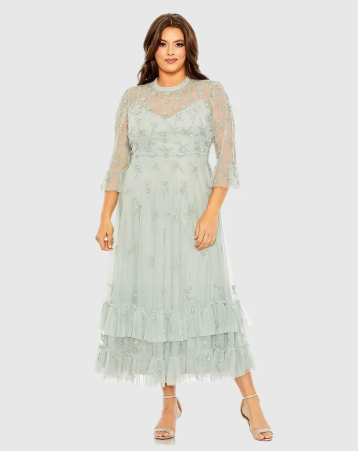 Green High Neck Embellished Flutter Half Length Sleeve Dress Sage Plus Size Dresses Mac Duggal Women Green High Neck Embellished Flutter Half Length Sleeve Dress Sage Plus Size Dresses Mac Duggal Women