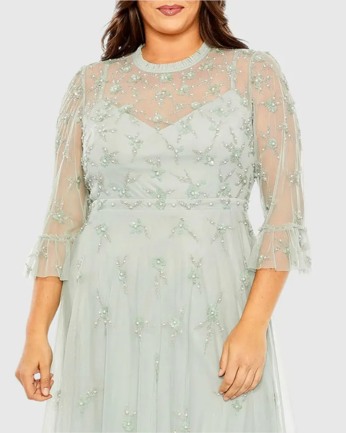 Green High Neck Embellished Flutter Half Length Sleeve Dress Sage Plus Size Dresses Mac Duggal Women