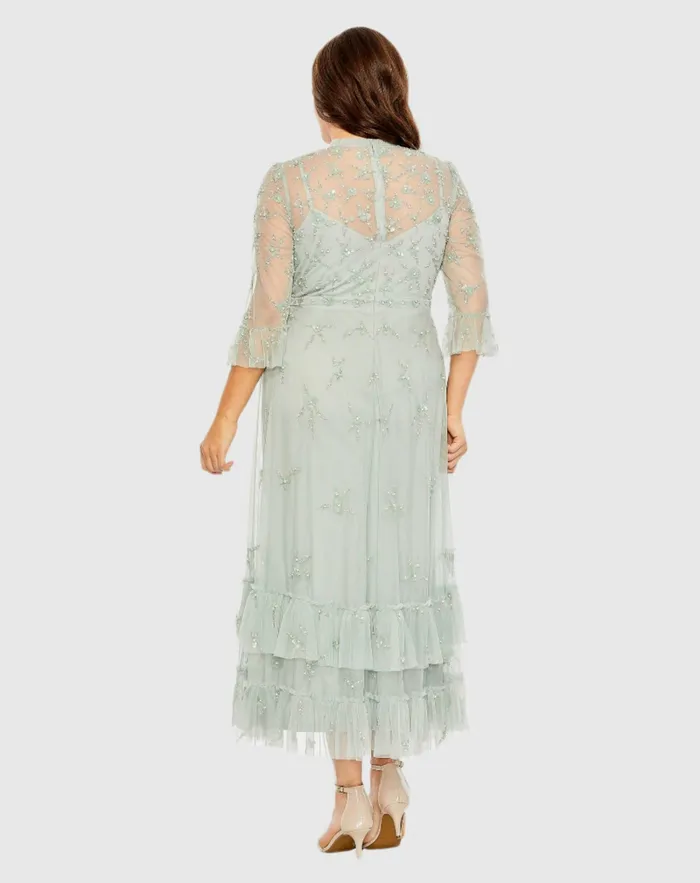Green High Neck Embellished Flutter Half Length Sleeve Dress Sage Plus Size Dresses Mac Duggal Women