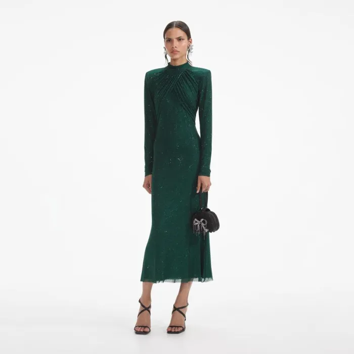 Green Rhinestone Mesh Midi Dress Women Self Portrait Dresses Green Rhinestone Mesh Midi Dress Women Self Portrait Dresses