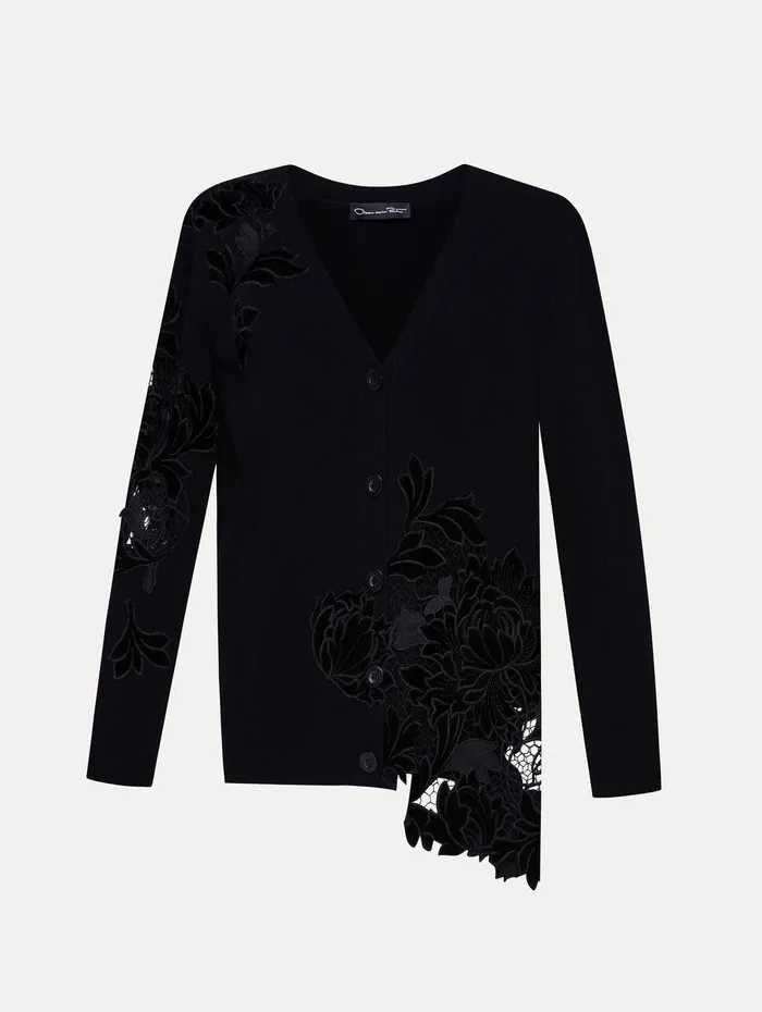 Guipure Inset Long Cardigan Black Women Oscar De La Renta Blouses and Knits