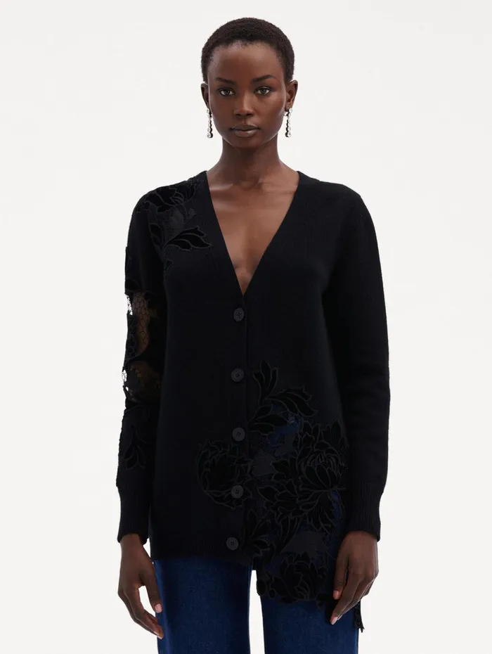 Guipure Inset Long Cardigan Black Women Oscar De La Renta Blouses and Knits Guipure Inset Long Cardigan Black Women Oscar De La Renta Blouses and Knits