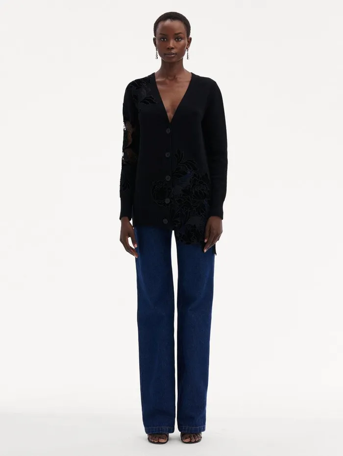 Guipure Inset Long Cardigan Black Women Oscar De La Renta Blouses and Knits Guipure Inset Long Cardigan Black Women Oscar De La Renta Blouses and Knits