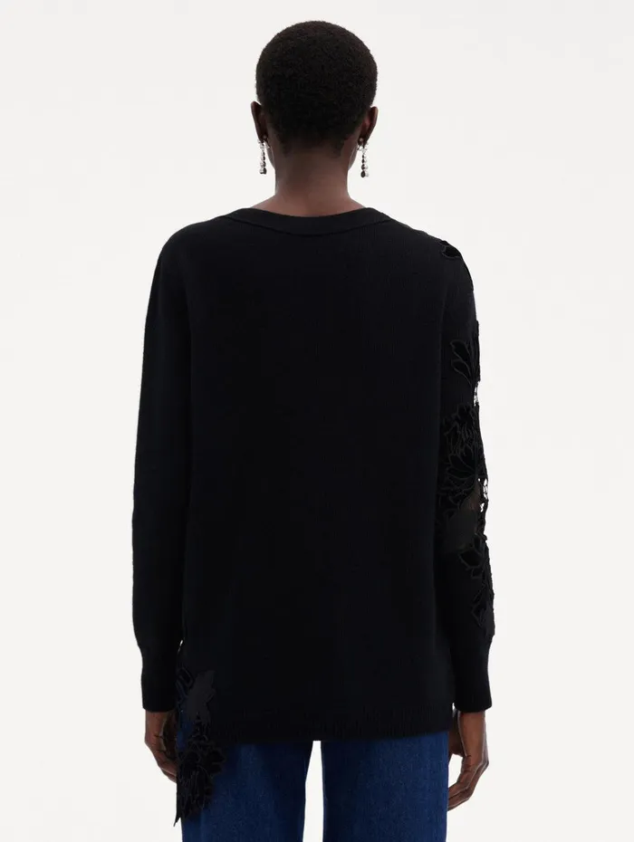 Guipure Inset Long Cardigan Black Women Oscar De La Renta Blouses and Knits Guipure Inset Long Cardigan Black Women Oscar De La Renta Blouses and Knits