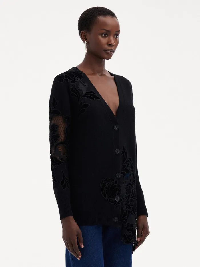 Guipure Inset Long Cardigan Black Women Oscar De La Renta Blouses and Knits Guipure Inset Long Cardigan Black Women Oscar De La Renta Blouses and Knits