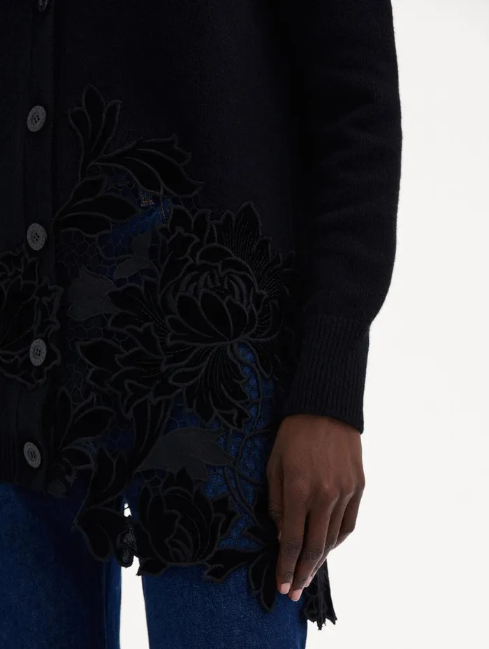 Guipure Inset Long Cardigan Black Women Oscar De La Renta Blouses and Knits Guipure Inset Long Cardigan Black Women Oscar De La Renta Blouses and Knits
