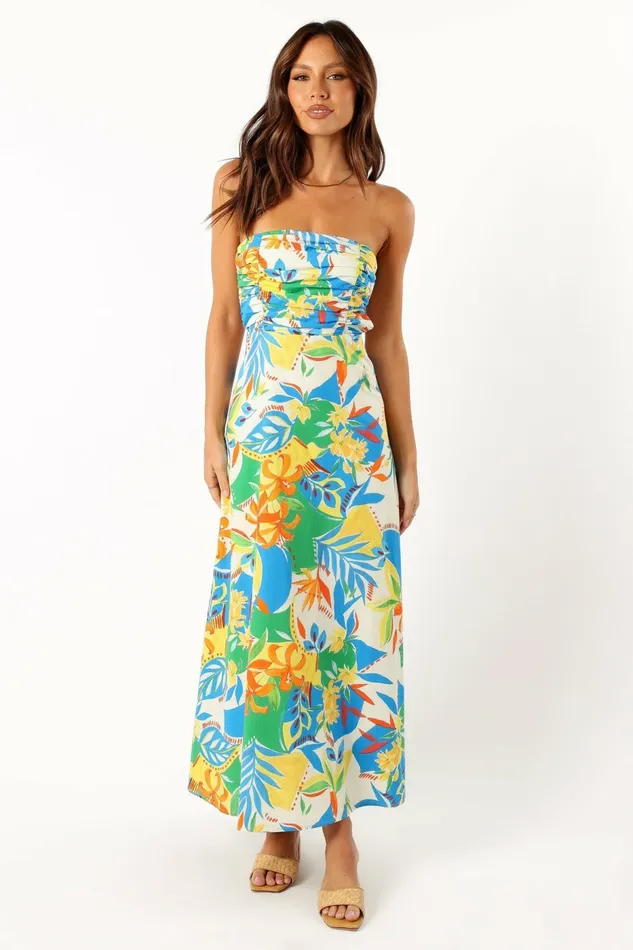 Harriet Strapless Midi Dress Malta Print Floral Dresses Petal and Pup Women