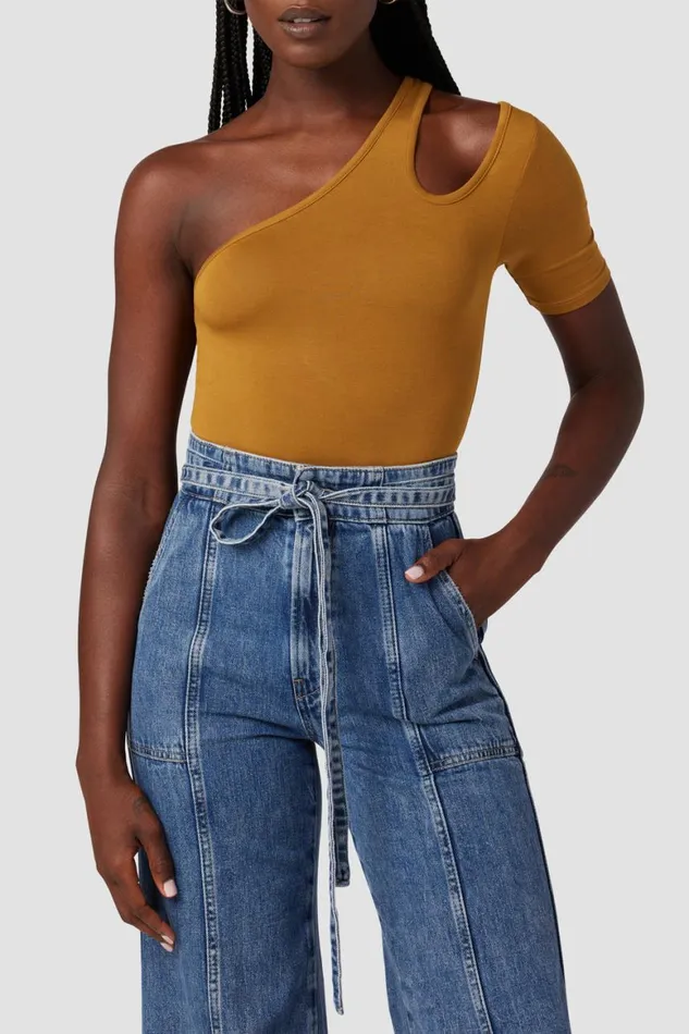 Hudson Jeans Tops and Sweaters Short Sleeve Asymmetrical Bodysuit Desert Sand 8211 Women