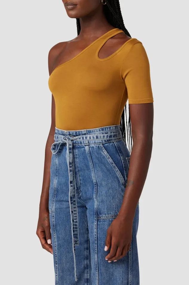 Hudson Jeans Tops and Sweaters Short Sleeve Asymmetrical Bodysuit Desert Sand 8211 Women