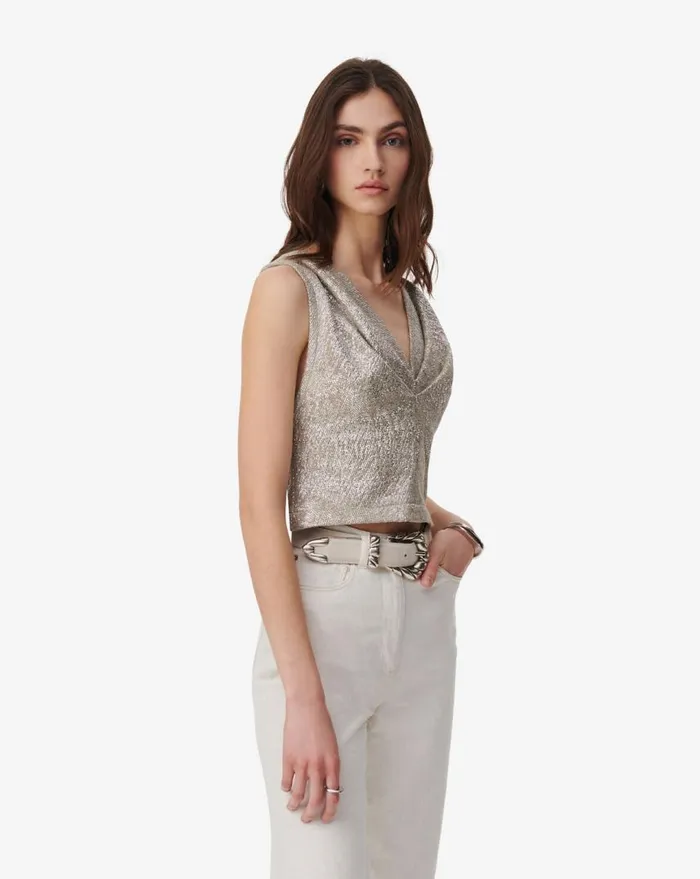 IRO SAMIRA LUREX JERSEY VNECK TOP Taupe Silver Women Tops and Shirts