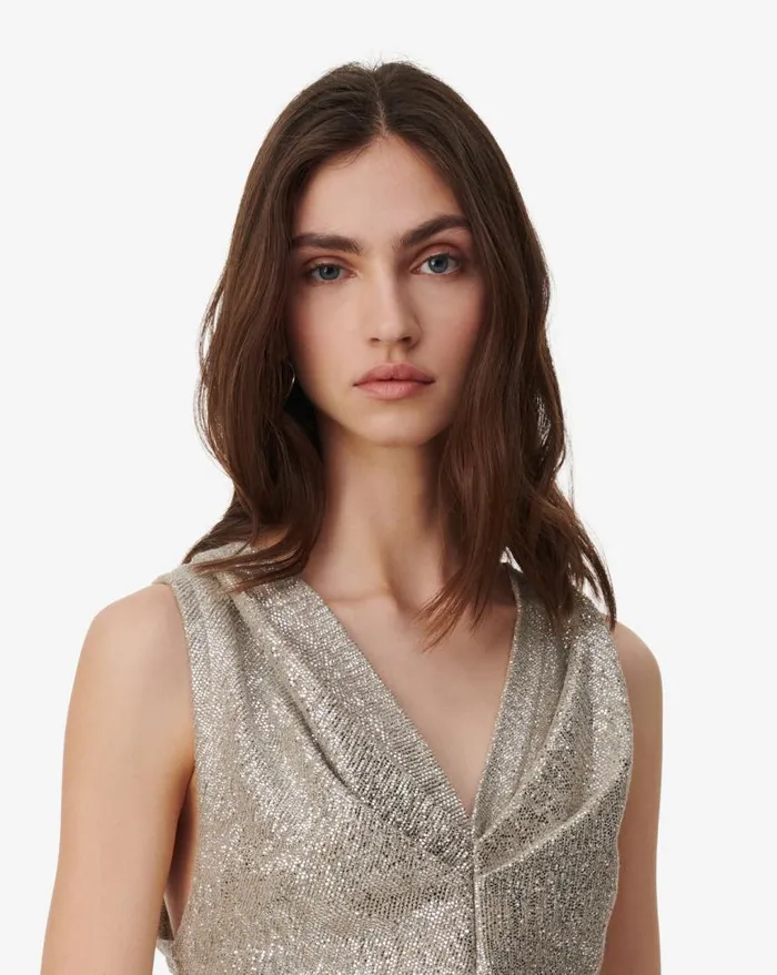IRO SAMIRA LUREX JERSEY VNECK TOP Taupe Silver Women Tops and Shirts