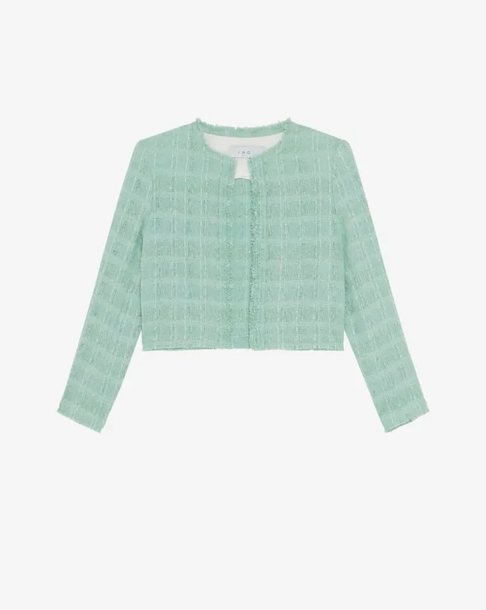 IRO ZAMIA FRINGED TWEED JACKET Aqua Women Jackets and Coats