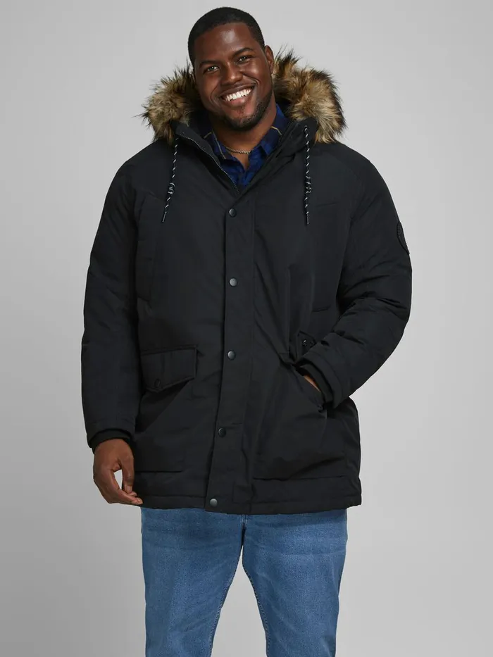 Jackets JACK and JONES Mens FAUX FUR HOODED PLUS SIZE PARKA Black Black