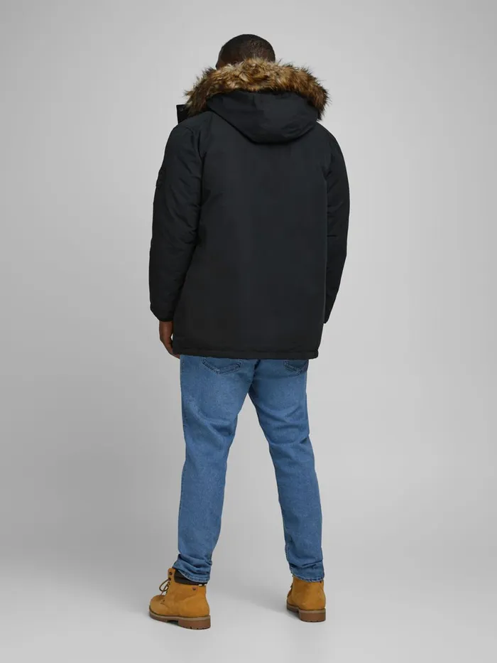 Jackets JACK and JONES Mens FAUX FUR HOODED PLUS SIZE PARKA Black Black