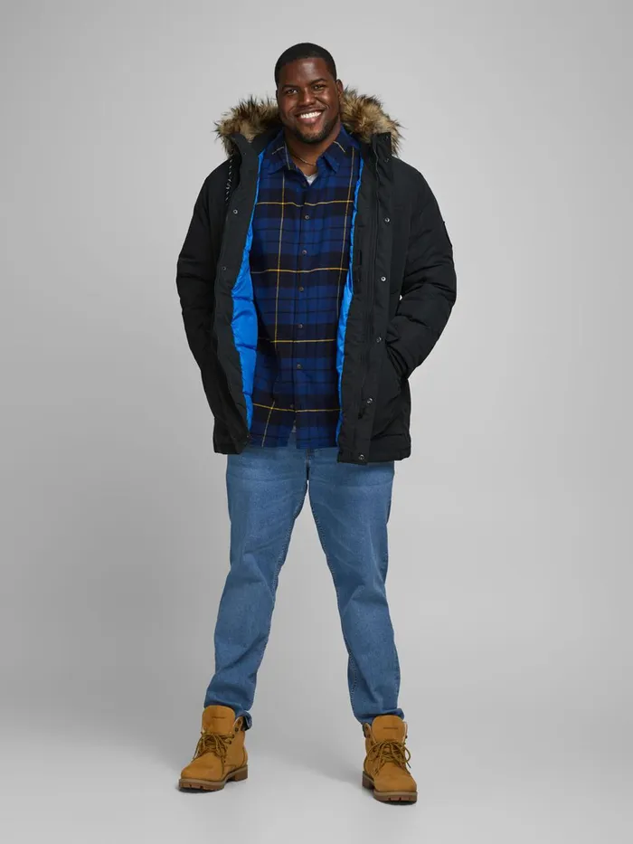 Jackets JACK and JONES Mens FAUX FUR HOODED PLUS SIZE PARKA Black Black