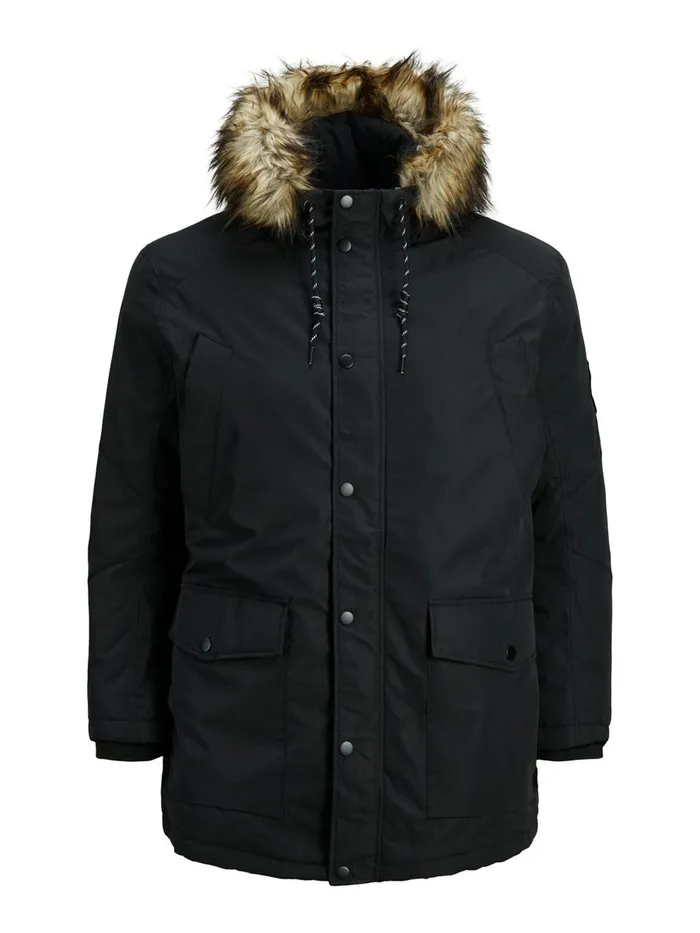 Jackets JACK and JONES Mens FAUX FUR HOODED PLUS SIZE PARKA Black Black