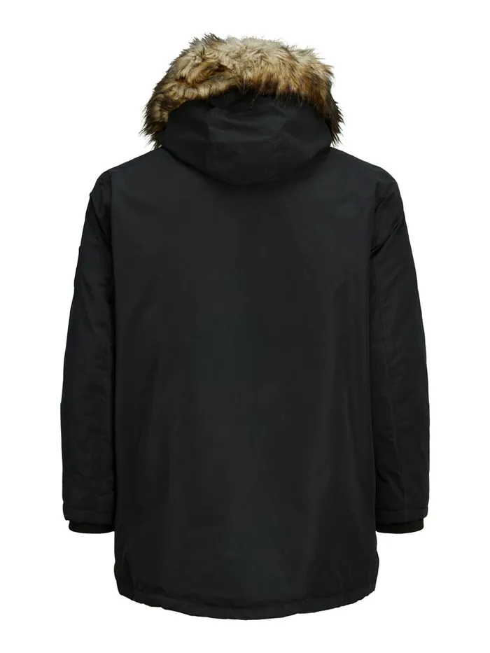Jackets JACK and JONES Mens FAUX FUR HOODED PLUS SIZE PARKA Black Black