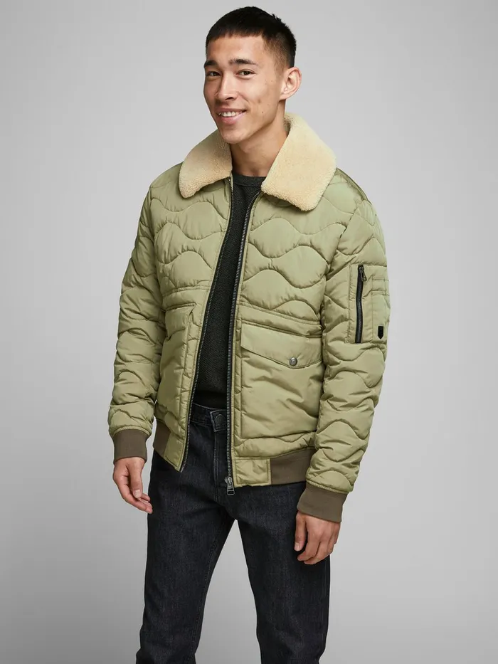 Jackets JACK and JONES Mens FAUX SHEARLING BOMBER JACKET Green Covert Green
