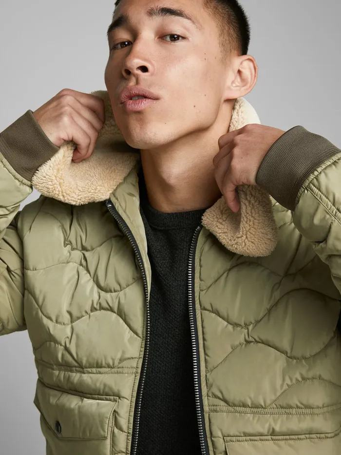 Jackets JACK and JONES Mens FAUX SHEARLING BOMBER JACKET Green Covert Green