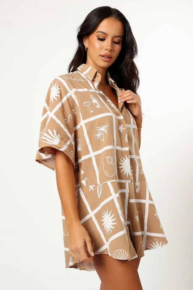 Jumpsuits and Rompers Petal and Pup Women Sebastian Romper Tan Soleil Print