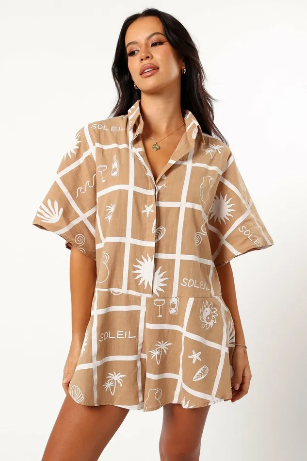Jumpsuits and Rompers Petal and Pup Women Sebastian Romper Tan Soleil Print