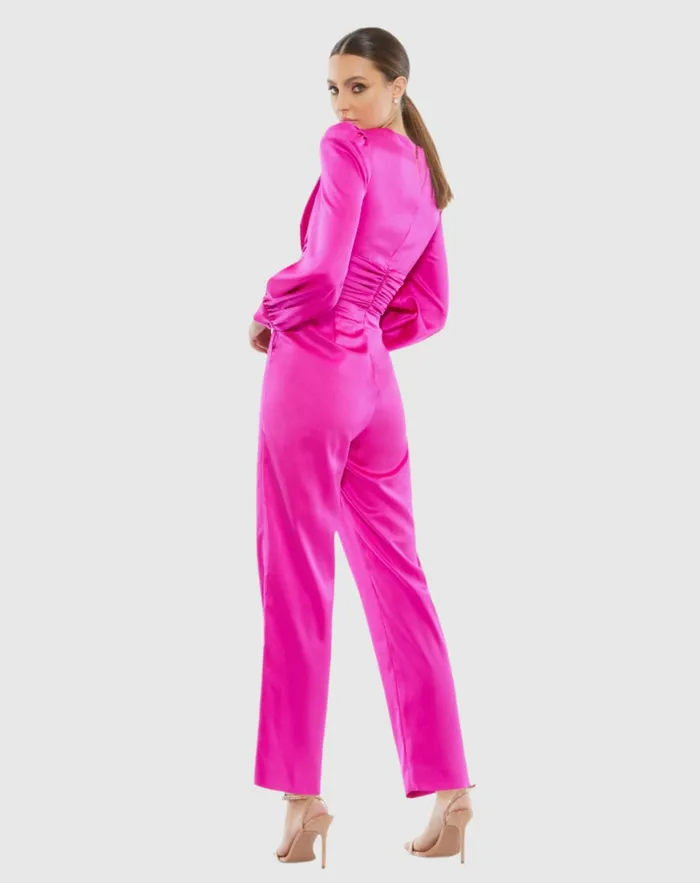 Jumpsuits and Rompers Pink Front Twist Puff Sleeve Deep V Jumpsuit Fuchsia Mac Duggal Women