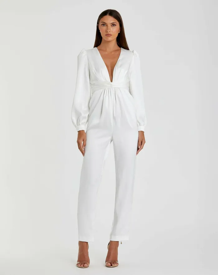 Jumpsuits and Rompers White Front Twist Puff Sleeve Deep V Jumpsuit White 8211 Mac Duggal Women Jumpsuits and Rompers White Front Twist Puff Sleeve Deep V Jumpsuit White 8211 Mac Duggal Women