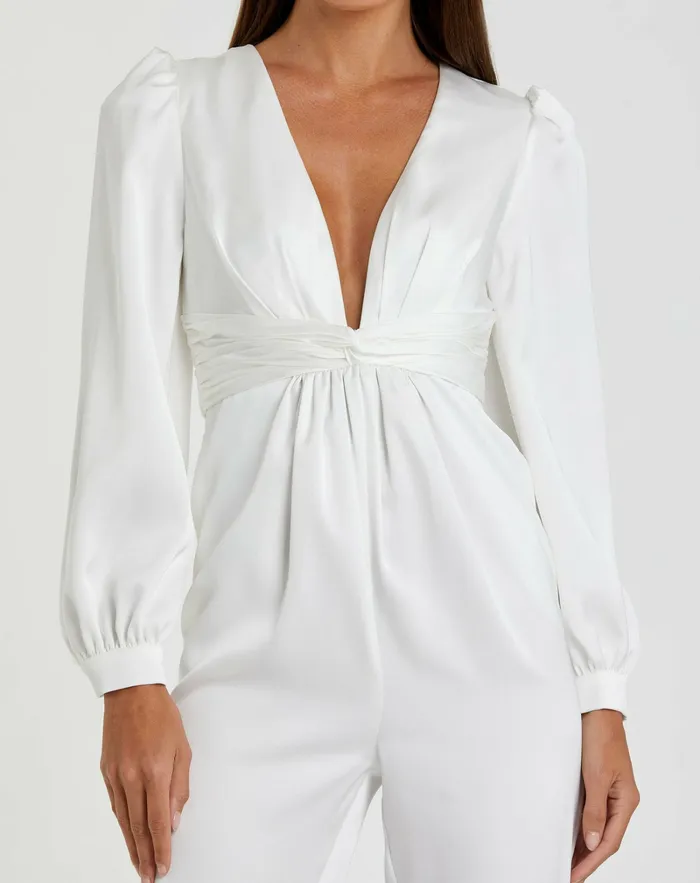 Jumpsuits and Rompers White Front Twist Puff Sleeve Deep V Jumpsuit White 8211 Mac Duggal Women