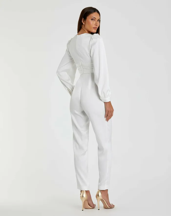 Jumpsuits and Rompers White Front Twist Puff Sleeve Deep V Jumpsuit White 8211 Mac Duggal Women