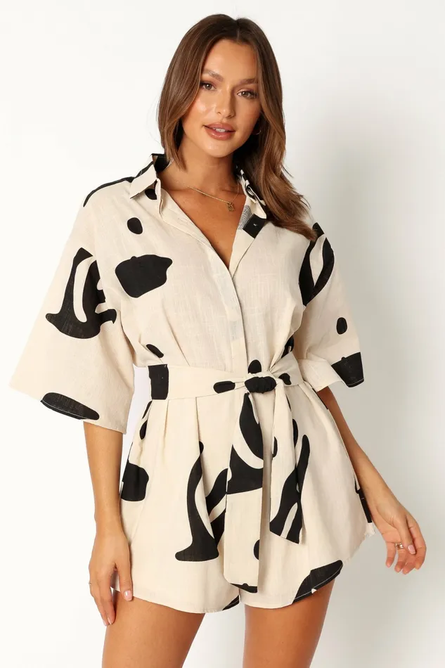 Kellie Romper Beige Black Jumpsuits and Rompers Petal and Pup Women