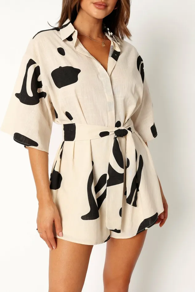 Kellie Romper Beige Black Jumpsuits and Rompers Petal and Pup Women