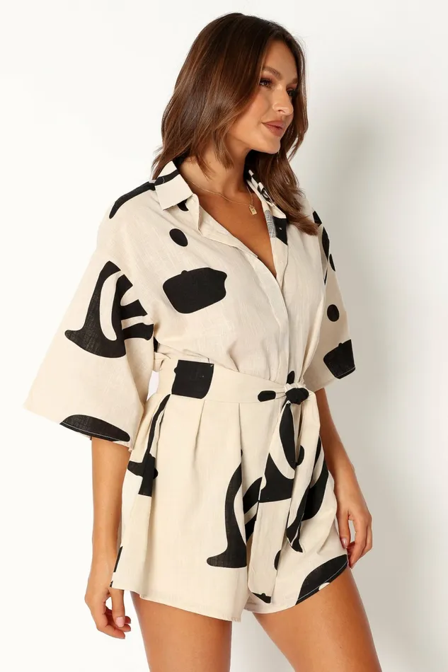 Kellie Romper Beige Black Jumpsuits and Rompers Petal and Pup Women