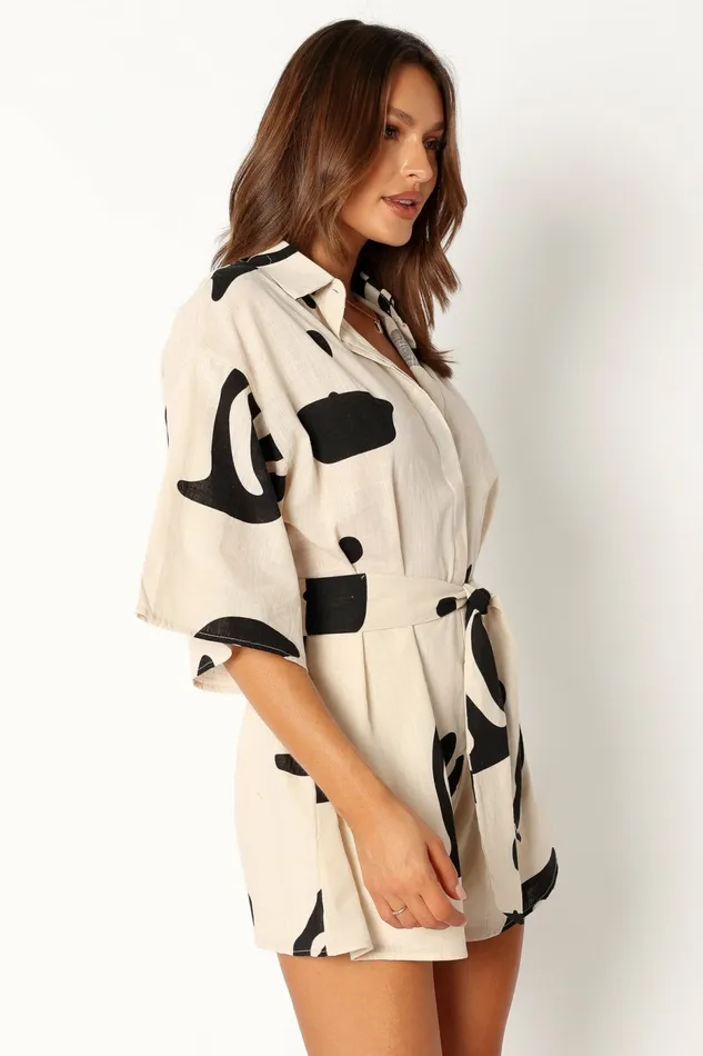 Kellie Romper Beige Black Jumpsuits and Rompers Petal and Pup Women