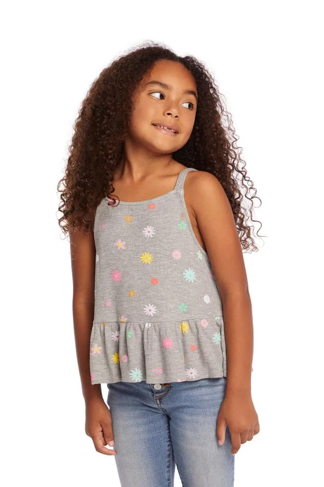 Kids Chaser Brand Girls Amelia Waffle Knit Embroidery Flowers Tank Top