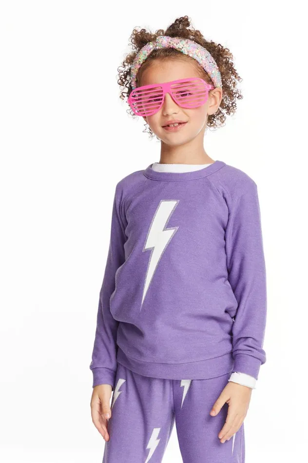 Kids Chaser Brand Girls Glitter Bolt Girls Raglan Pullover