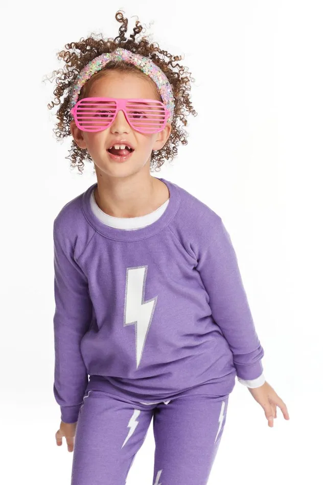 Kids Chaser Brand Girls Glitter Bolt Girls Raglan Pullover