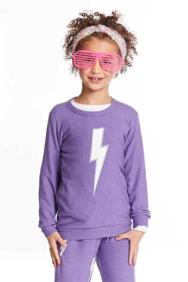 Kids Chaser Brand Girls Glitter Bolt Girls Raglan Pullover