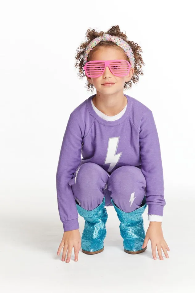 Kids Chaser Brand Girls Glitter Bolt Girls Raglan Pullover
