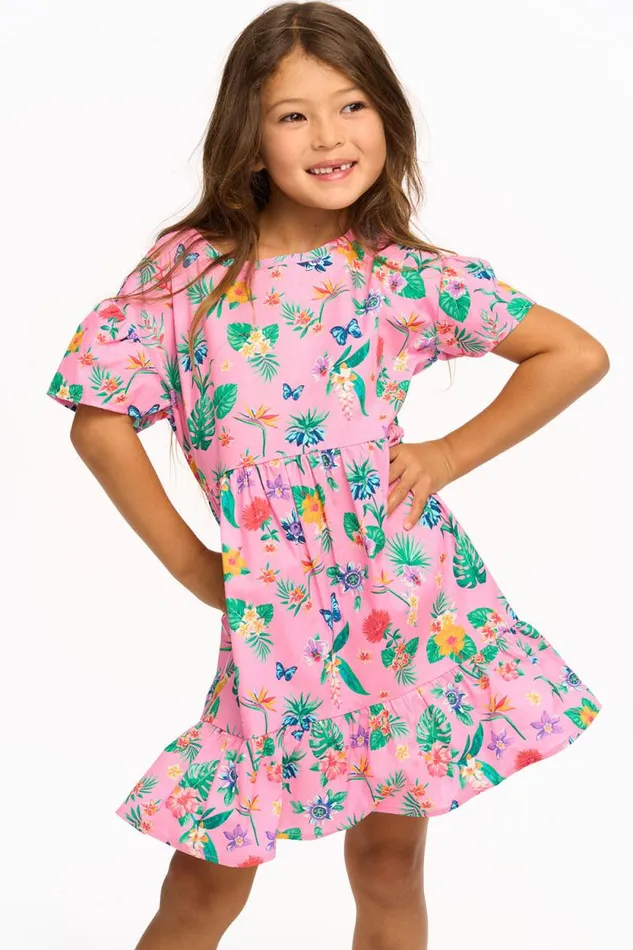 Kids Chaser Brand Girls Niki Tropical Floral Short Sleeve Dress 8211 Pink Lemonade
